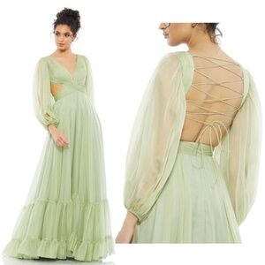 NWT Mac Duggal 67948 Pleated Cut-Out Long Sleeve Gown – Size 2 – Ethereal Sage